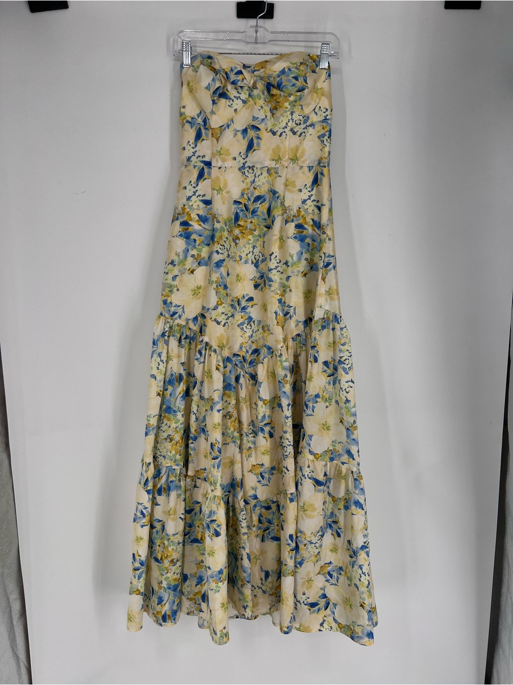 Hutch Yellow Blue Linen Blend Floral Strapless Formal Romantic Maxi Dress 4
